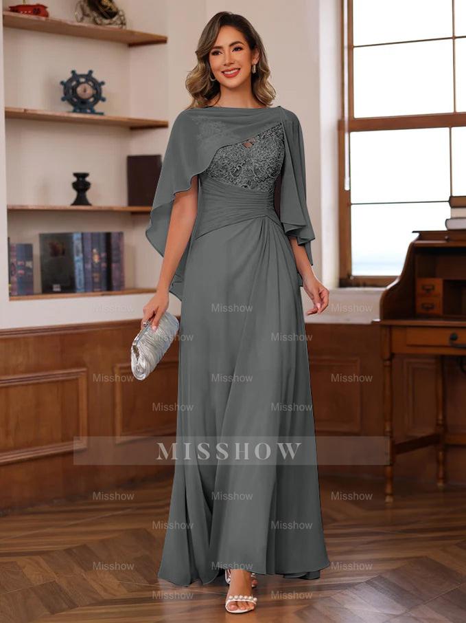 V-Neck A-Line Princess Floor-Length Mother of the Bride Dress with Appliques Ruffles & Wrap in 2 Pics