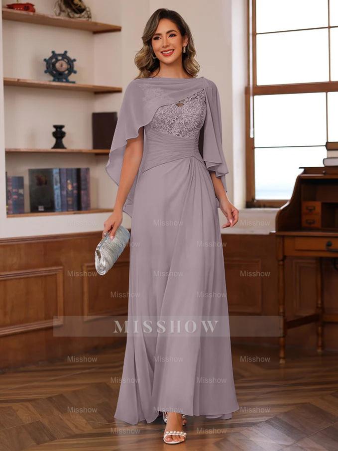 V-Neck A-Line Princess Floor-Length Mother of the Bride Dress with Appliques Ruffles & Wrap in 2 Pics