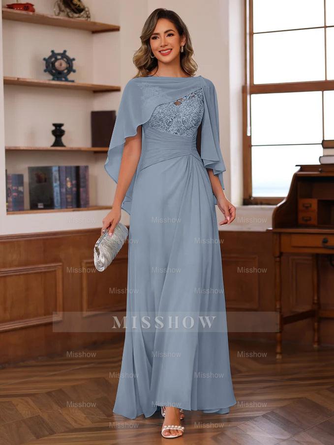 V-Neck A-Line Princess Floor-Length Mother of the Bride Dress with Appliques Ruffles & Wrap in 2 Pics