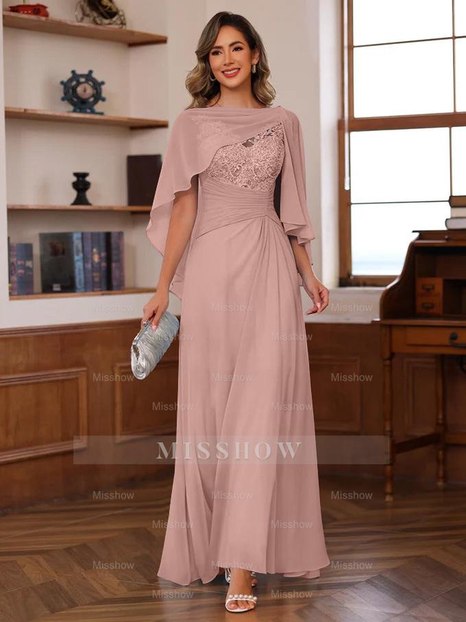 V-Neck A-Line Princess Floor-Length Mother of the Bride Dress with Appliques Ruffles & Wrap in 2 Pics