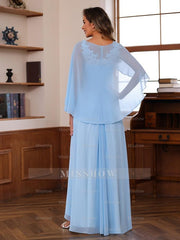 V-Neck A-Line Princess Floor-Length Mother of the Bride Dress with Appliques Ruffles & Wrap in 2 Pics