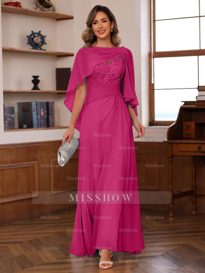 V-Neck A-Line Princess Floor-Length Mother of the Bride Dress with Appliques Ruffles & Wrap in 2 Pics