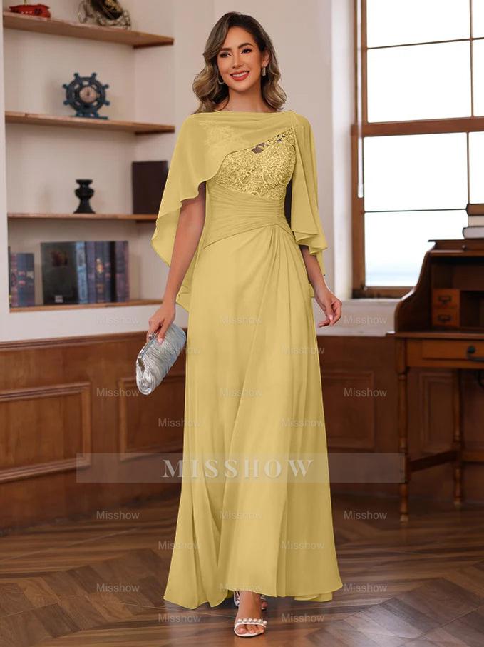 V-Neck A-Line Princess Floor-Length Mother of the Bride Dress with Appliques Ruffles & Wrap in 2 Pics