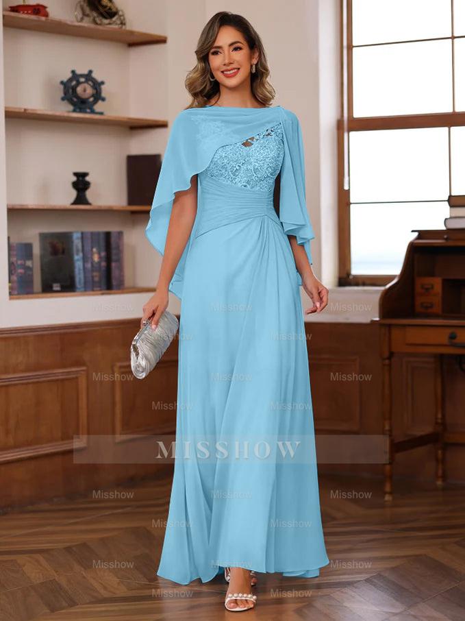 V-Neck A-Line Princess Floor-Length Mother of the Bride Dress with Appliques Ruffles & Wrap in 2 Pics
