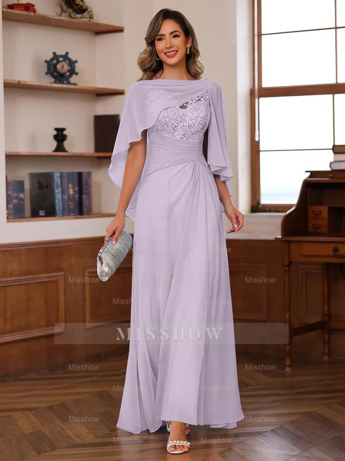 V-Neck A-Line Princess Floor-Length Mother of the Bride Dress with Appliques Ruffles & Wrap in 2 Pics