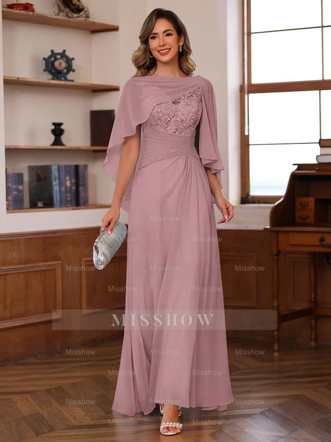 V-Neck A-Line Princess Floor-Length Mother of the Bride Dress with Appliques Ruffles & Wrap in 2 Pics