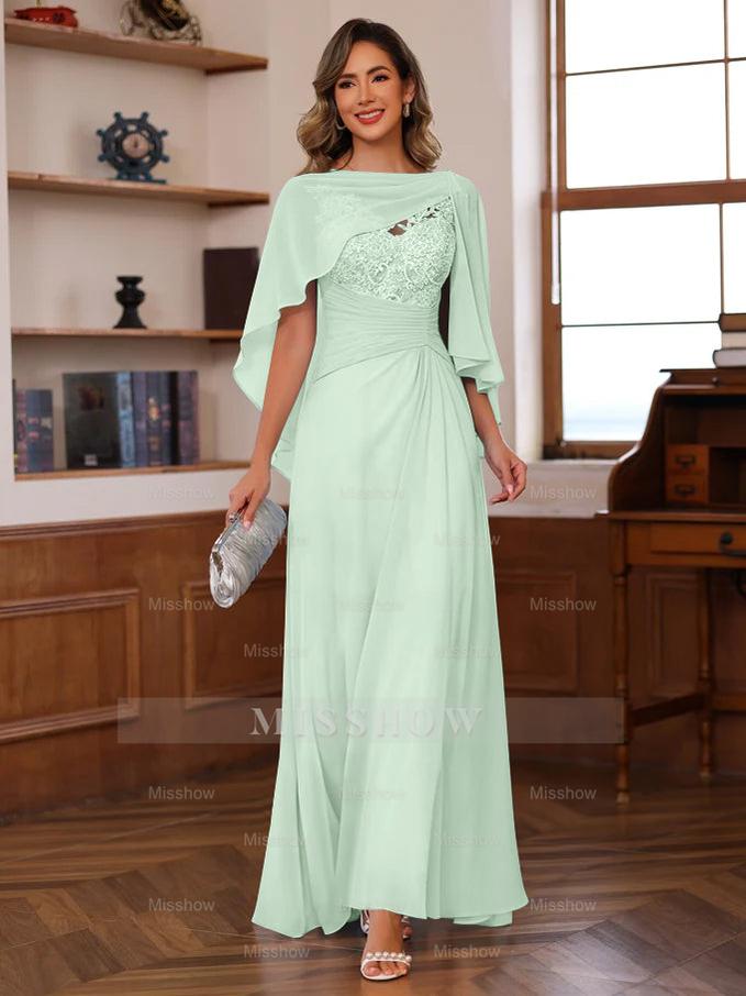 V-Neck A-Line Princess Floor-Length Mother of the Bride Dress with Appliques Ruffles & Wrap in 2 Pics