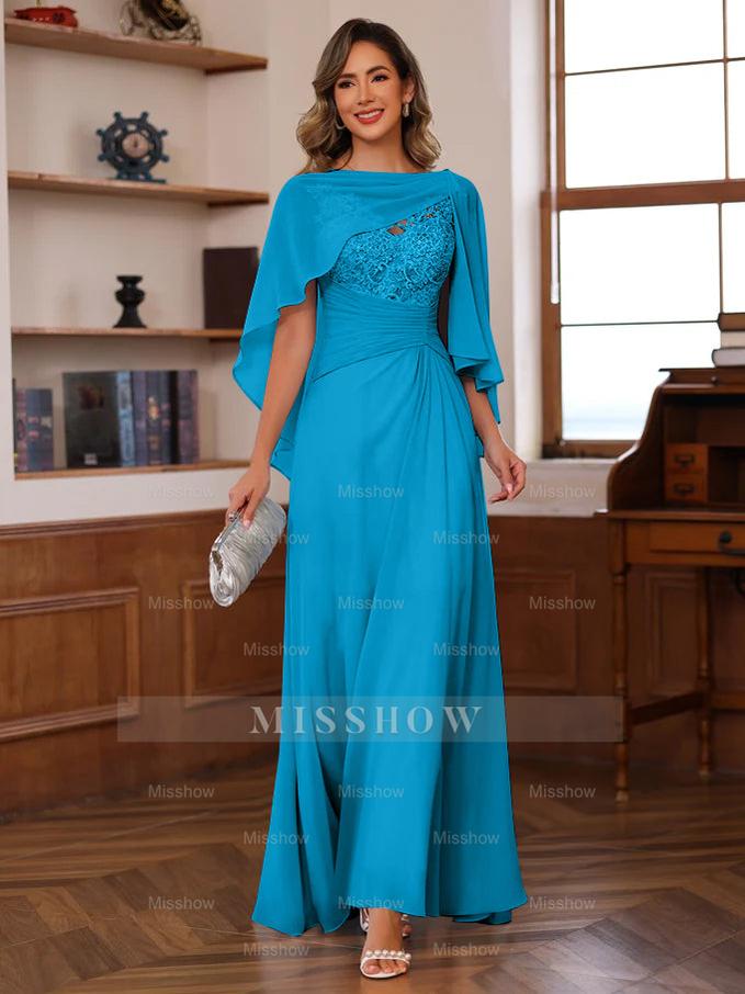 V-Neck A-Line Princess Floor-Length Mother of the Bride Dress with Appliques Ruffles & Wrap in 2 Pics