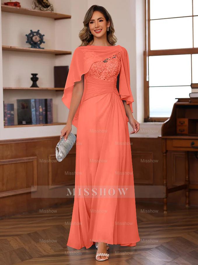 V-Neck A-Line Princess Floor-Length Mother of the Bride Dress with Appliques Ruffles & Wrap in 2 Pics