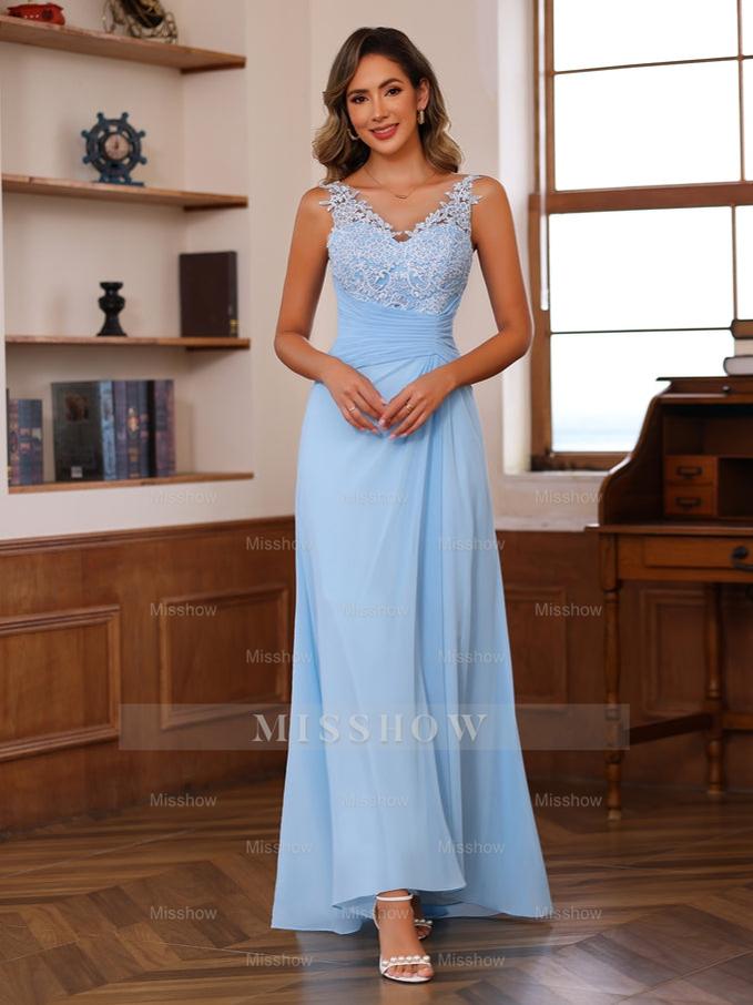 V-Neck A-Line Princess Floor-Length Mother of the Bride Dress with Appliques Ruffles & Wrap in 2 Pics