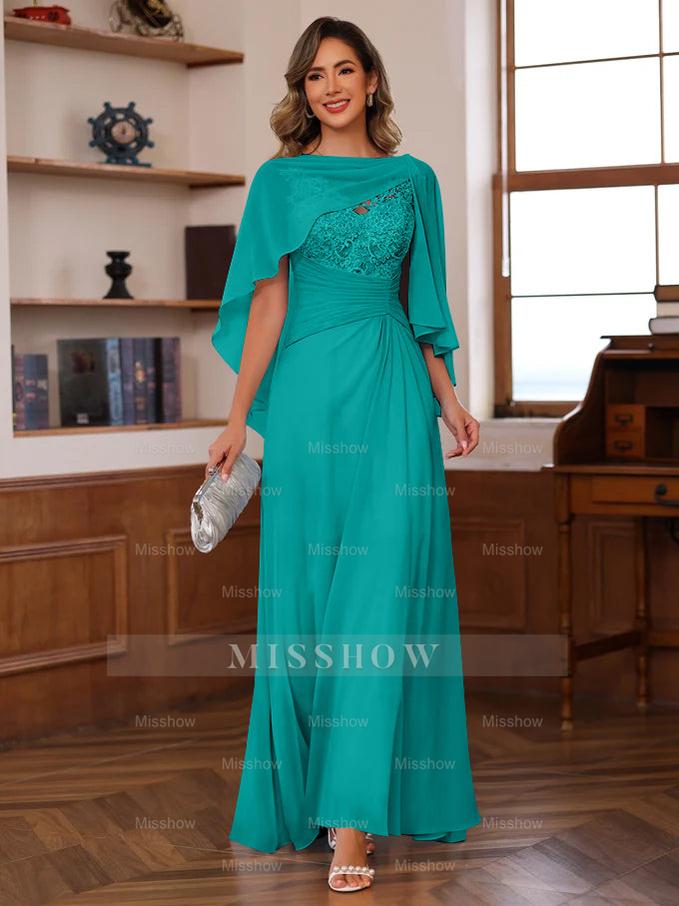 V-Neck A-Line Princess Floor-Length Mother of the Bride Dress with Appliques Ruffles & Wrap in 2 Pics
