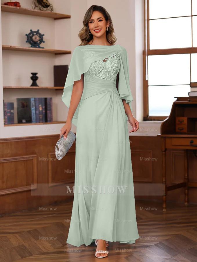 V-Neck A-Line Princess Floor-Length Mother of the Bride Dress with Appliques Ruffles & Wrap in 2 Pics