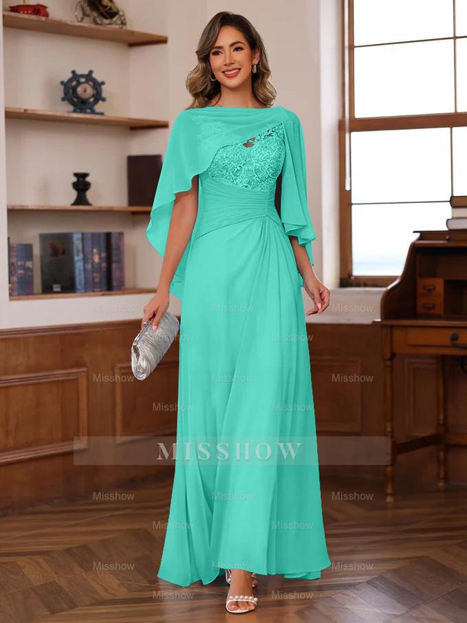 V-Neck A-Line Princess Floor-Length Mother of the Bride Dress with Appliques Ruffles & Wrap in 2 Pics