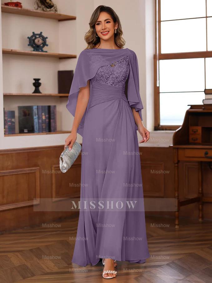 V-Neck A-Line Princess Floor-Length Mother of the Bride Dress with Appliques Ruffles & Wrap in 2 Pics