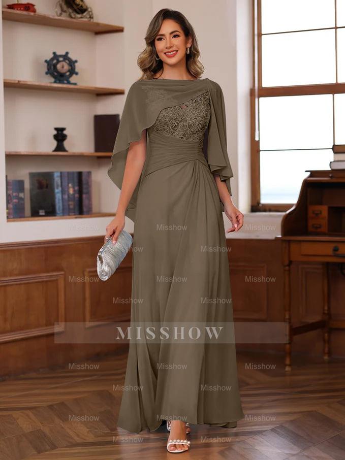 V-Neck A-Line Princess Floor-Length Mother of the Bride Dress with Appliques Ruffles & Wrap in 2 Pics