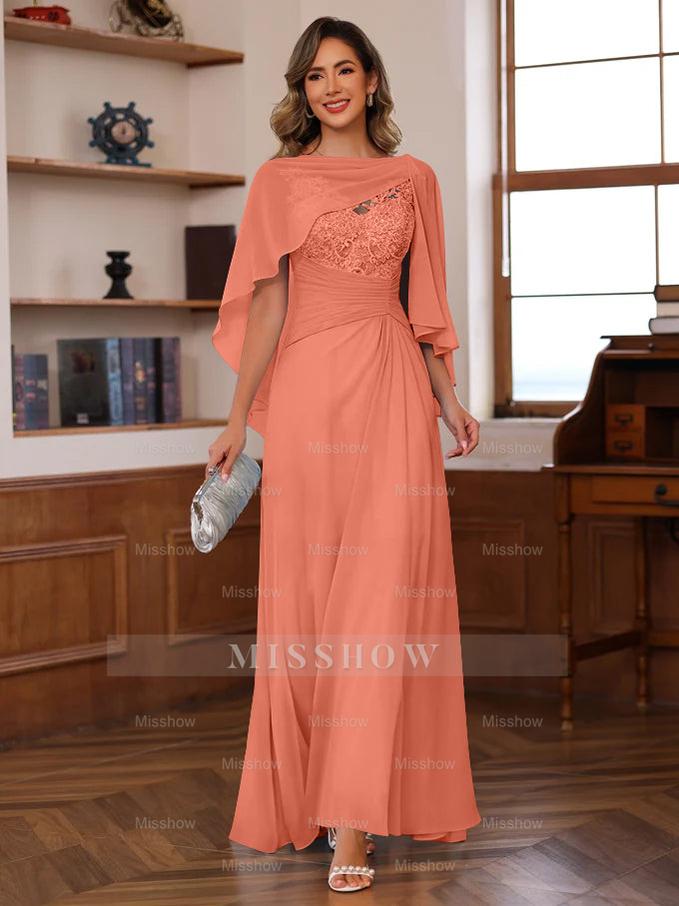 V-Neck A-Line Princess Floor-Length Mother of the Bride Dress with Appliques Ruffles & Wrap in 2 Pics