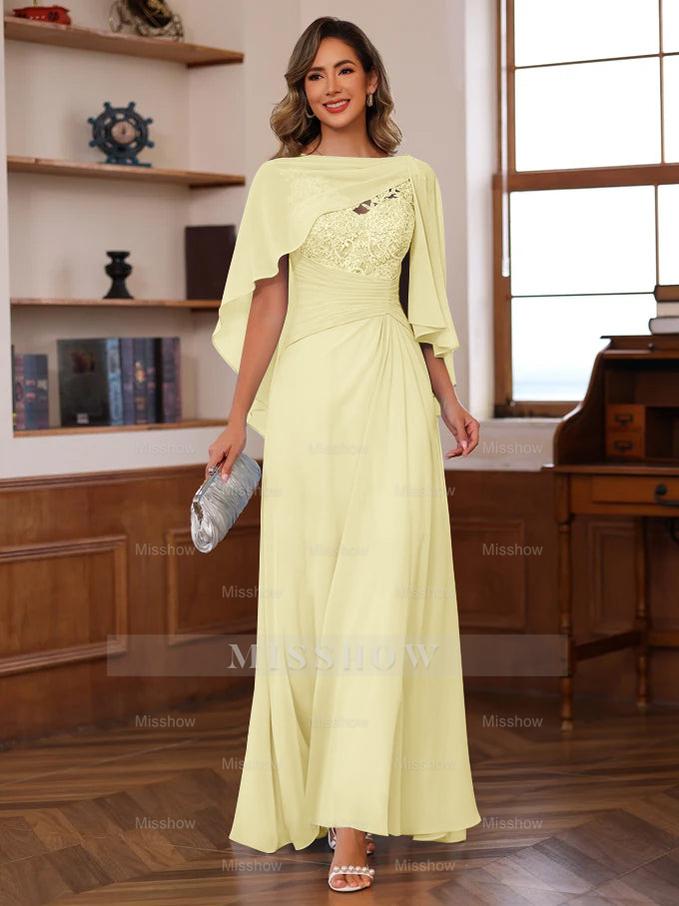 V-Neck A-Line Princess Floor-Length Mother of the Bride Dress with Appliques Ruffles & Wrap in 2 Pics
