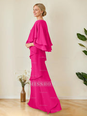 V-Neck A-Line Princess Floor-Length Mother of the Bride Dress with Half Sleeves and Ruffles in Regular & Plus Sizes