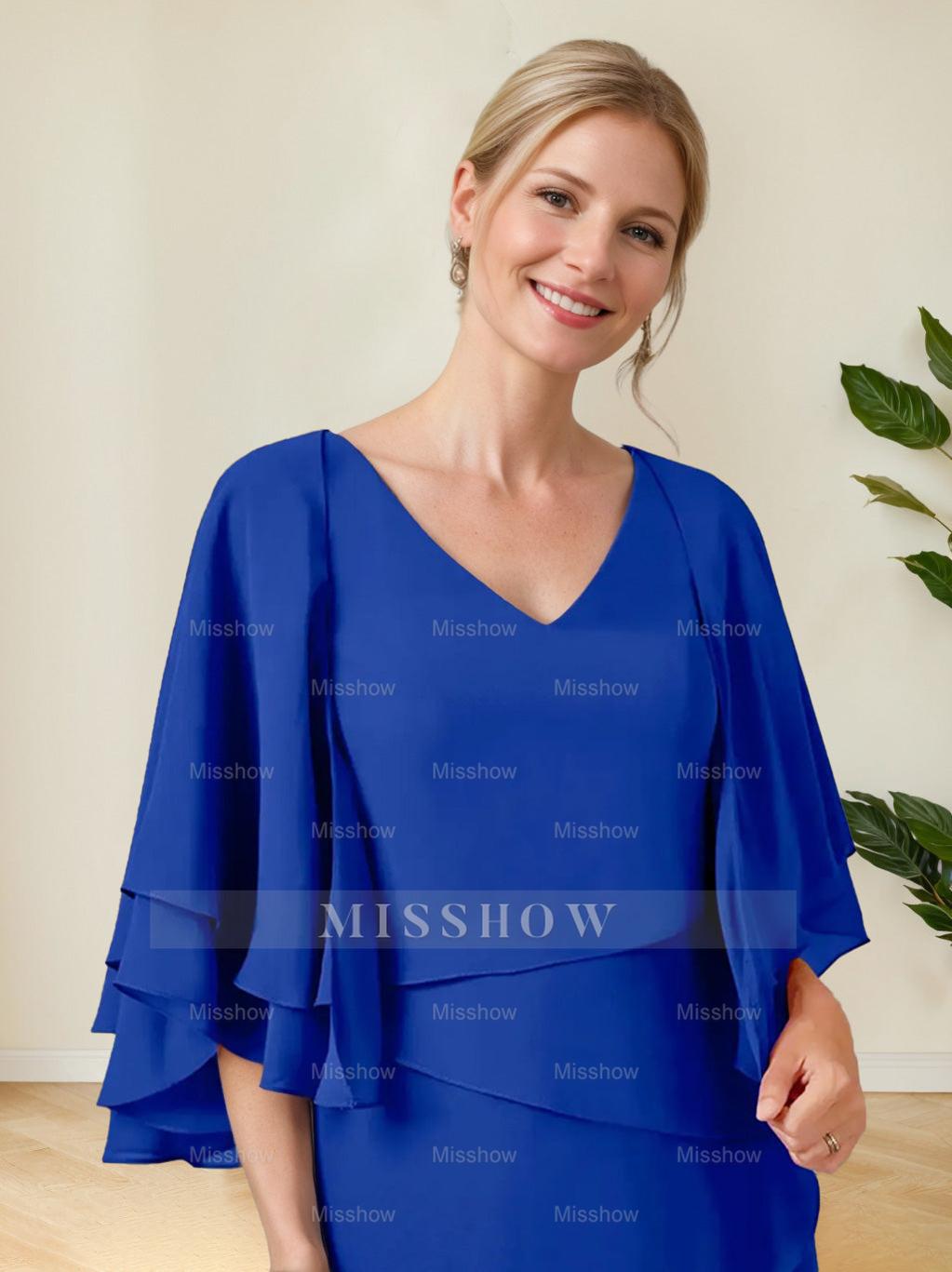 V-Neck A-Line Princess Floor-Length Mother of the Bride Dress with Half Sleeves and Ruffles in Regular & Plus Sizes