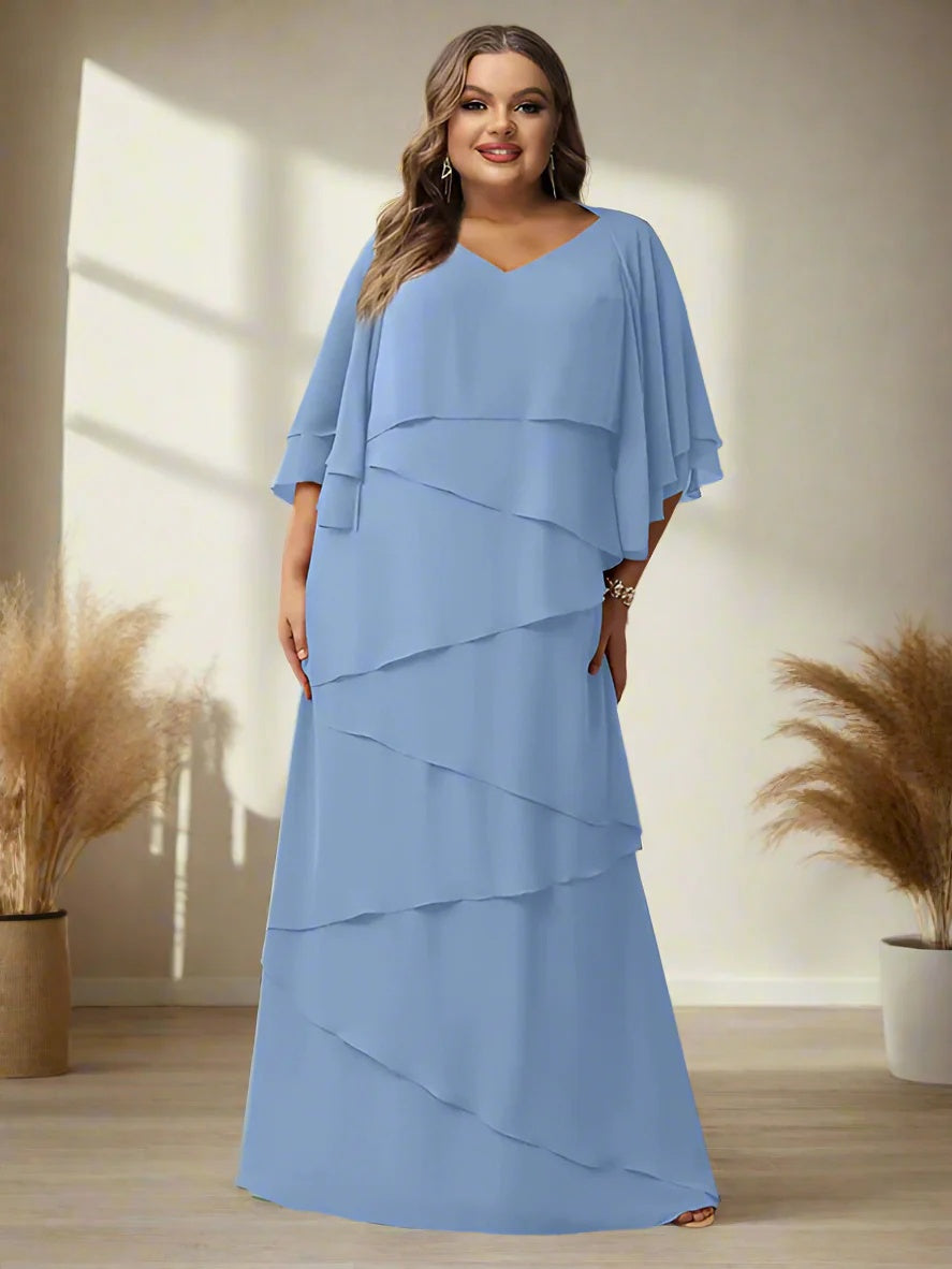 V-Neck A-Line Princess Floor-Length Mother of the Bride Dress with Half Sleeves and Ruffles in Regular & Plus Sizes
