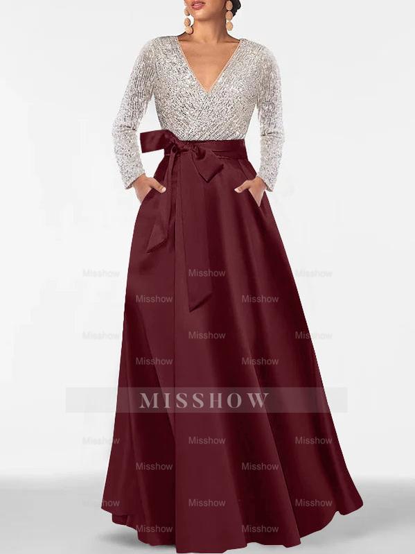 V-Neck A-Line Princess Floor-Length Mother of the Bride Dress with Long Sleeves Pocket and Sequins