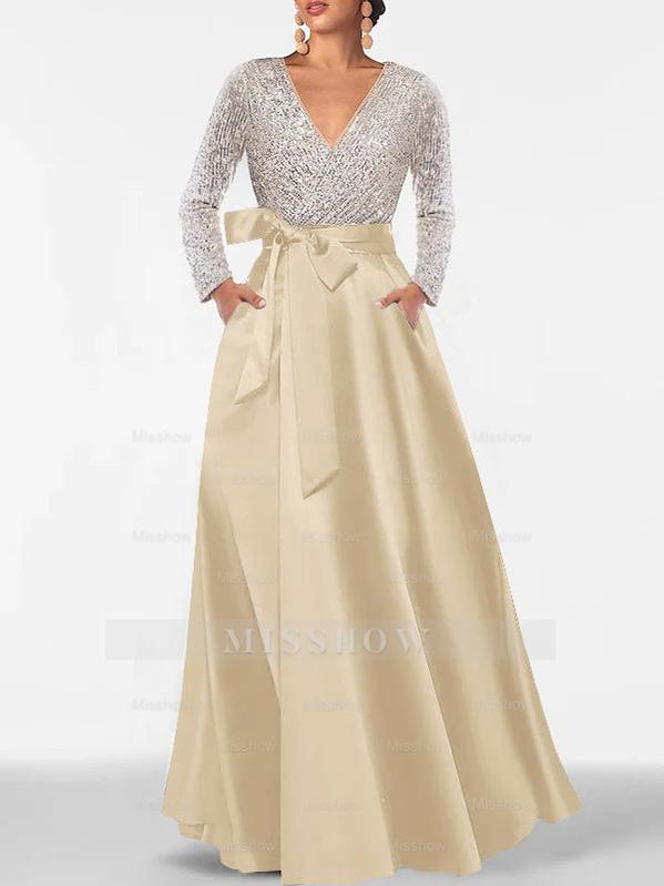 V-Neck A-Line Princess Floor-Length Mother of the Bride Dress with Long Sleeves Pocket and Sequins