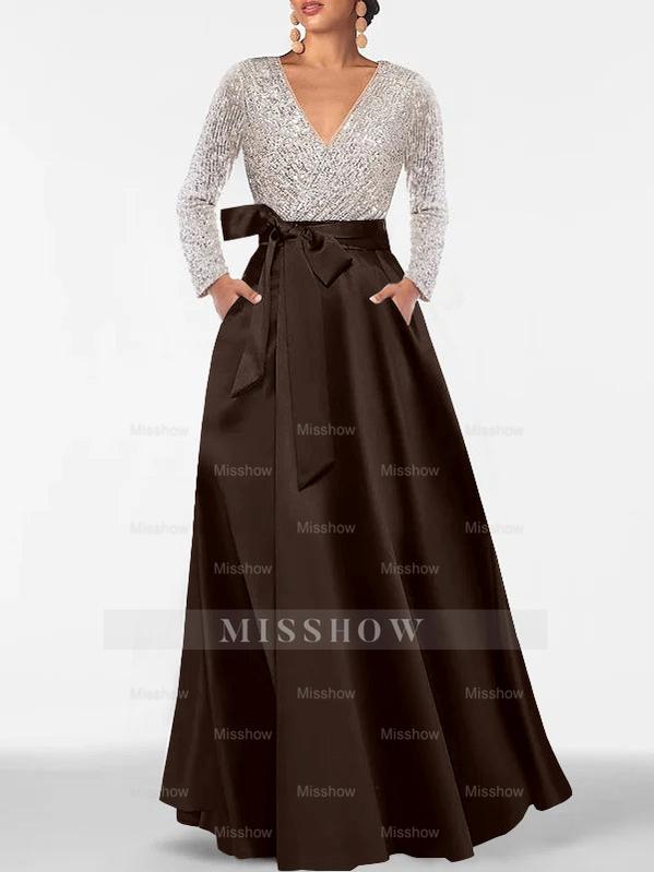 V-Neck A-Line Princess Floor-Length Mother of the Bride Dress with Long Sleeves Pocket and Sequins
