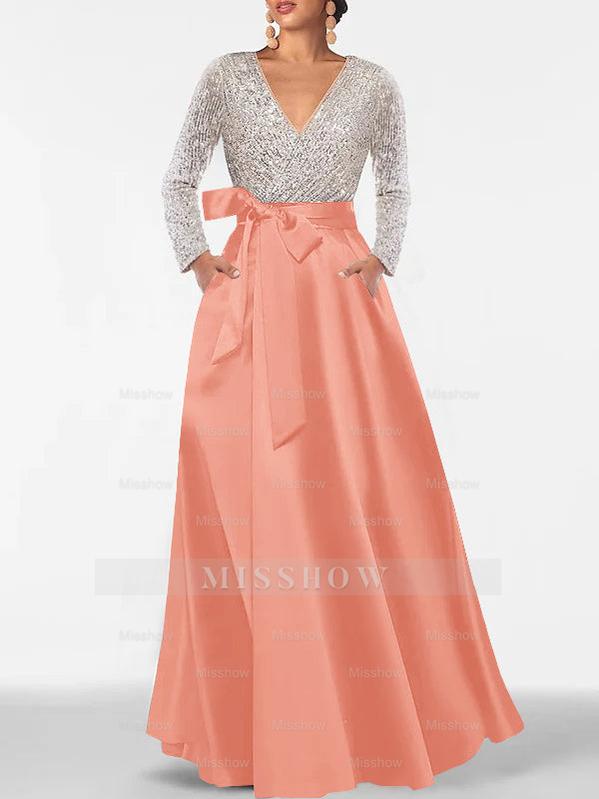 V-Neck A-Line Princess Floor-Length Mother of the Bride Dress with Long Sleeves Pocket and Sequins
