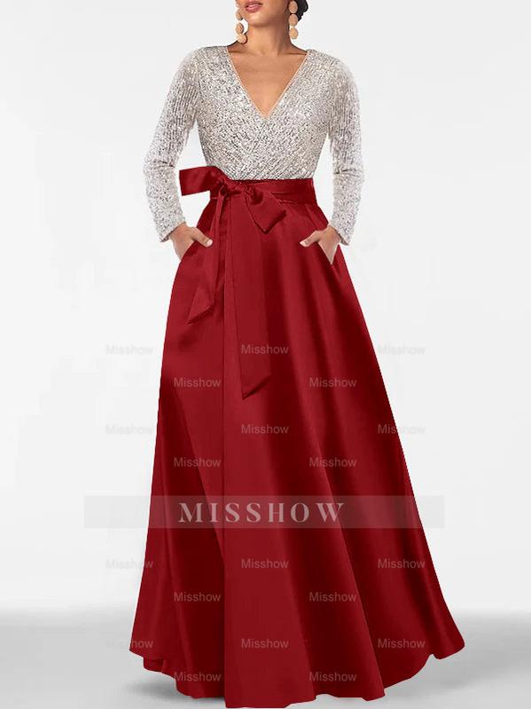 V-Neck A-Line Princess Floor-Length Mother of the Bride Dress with Long Sleeves Pocket and Sequins