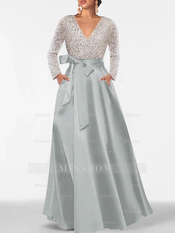 V-Neck A-Line Princess Floor-Length Mother of the Bride Dress with Long Sleeves Pocket and Sequins