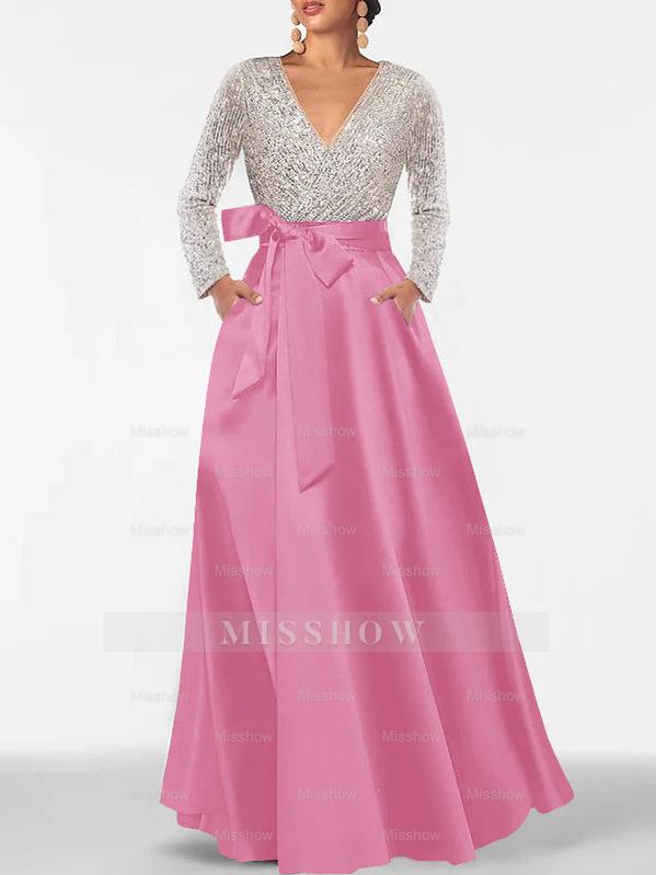 V-Neck A-Line Princess Floor-Length Mother of the Bride Dress with Long Sleeves Pocket and Sequins
