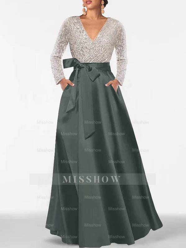 V-Neck A-Line Princess Floor-Length Mother of the Bride Dress with Long Sleeves Pocket and Sequins