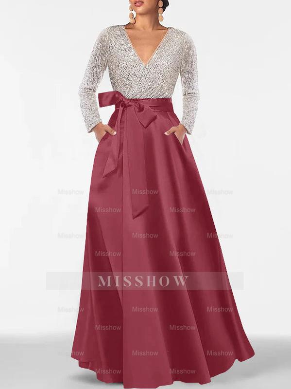 V-Neck A-Line Princess Floor-Length Mother of the Bride Dress with Long Sleeves Pocket and Sequins