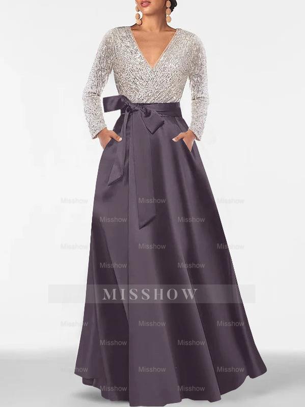 V-Neck A-Line Princess Floor-Length Mother of the Bride Dress with Long Sleeves Pocket and Sequins