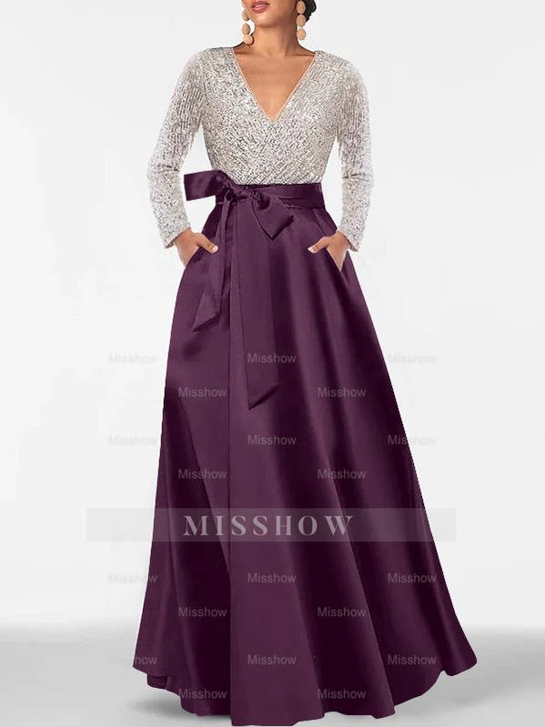 V-Neck A-Line Princess Floor-Length Mother of the Bride Dress with Long Sleeves Pocket and Sequins