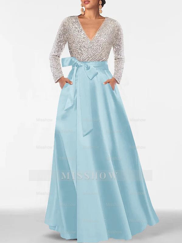 V-Neck A-Line Princess Floor-Length Mother of the Bride Dress with Long Sleeves Pocket and Sequins