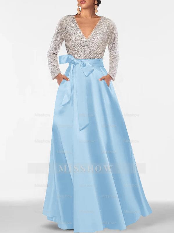 V-Neck A-Line Princess Floor-Length Mother of the Bride Dress with Long Sleeves Pocket and Sequins