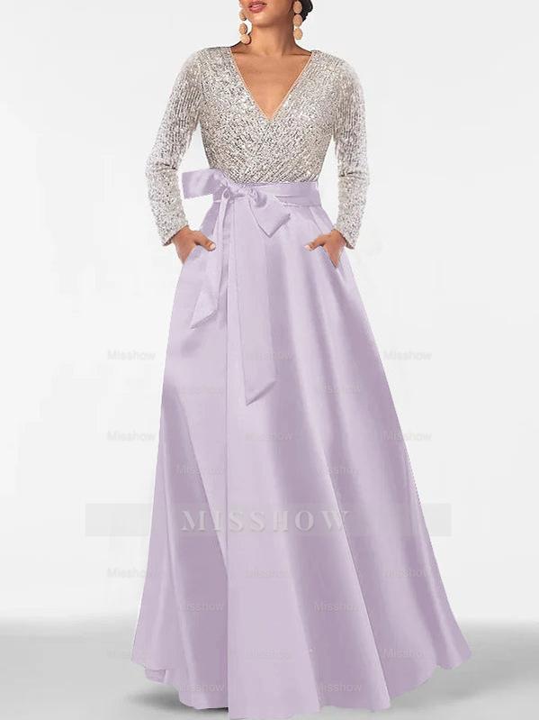 V-Neck A-Line Princess Floor-Length Mother of the Bride Dress with Long Sleeves Pocket and Sequins
