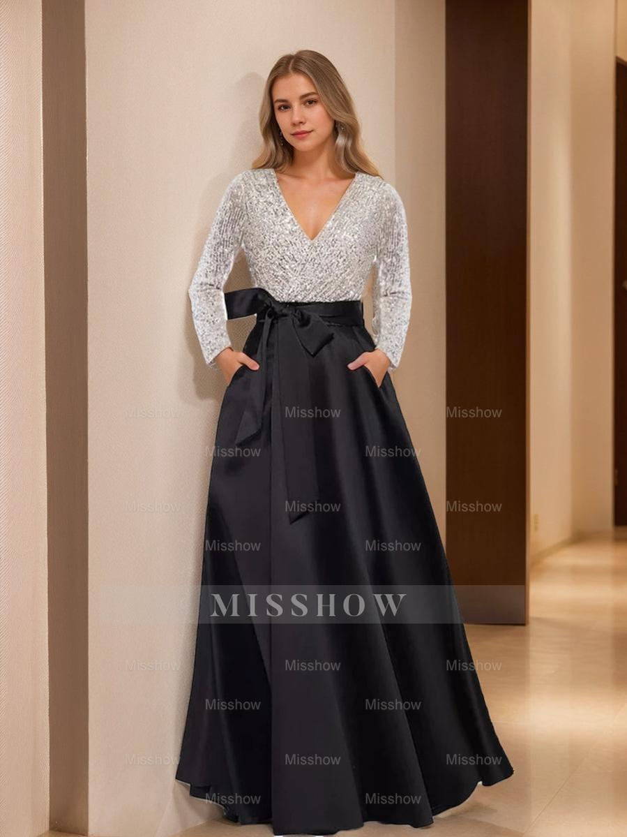 V-Neck A-Line Princess Floor-Length Mother of the Bride Dress with Long Sleeves Pocket and Sequins