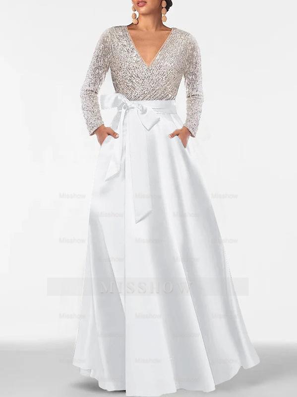V-Neck A-Line Princess Floor-Length Mother of the Bride Dress with Long Sleeves Pocket and Sequins