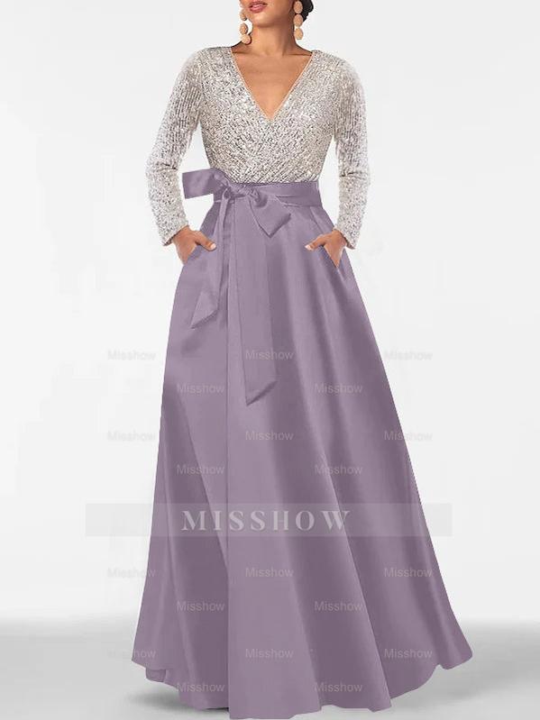 V-Neck A-Line Princess Floor-Length Mother of the Bride Dress with Long Sleeves Pocket and Sequins