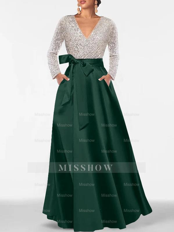 V-Neck A-Line Princess Floor-Length Mother of the Bride Dress with Long Sleeves Pocket and Sequins