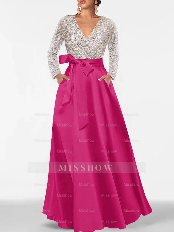 V-Neck A-Line Princess Floor-Length Mother of the Bride Dress with Long Sleeves Pocket and Sequins