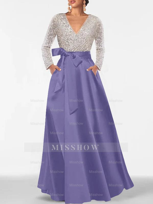 V-Neck A-Line Princess Floor-Length Mother of the Bride Dress with Long Sleeves Pocket and Sequins