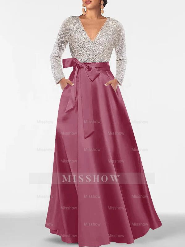 V-Neck A-Line Princess Floor-Length Mother of the Bride Dress with Long Sleeves Pocket and Sequins