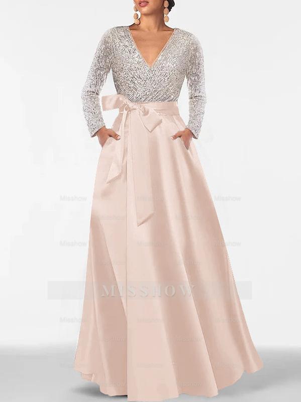 V-Neck A-Line Princess Floor-Length Mother of the Bride Dress with Long Sleeves Pocket and Sequins