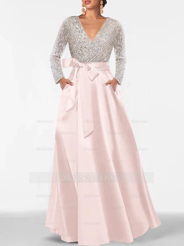 V-Neck A-Line Princess Floor-Length Mother of the Bride Dress with Long Sleeves Pocket and Sequins