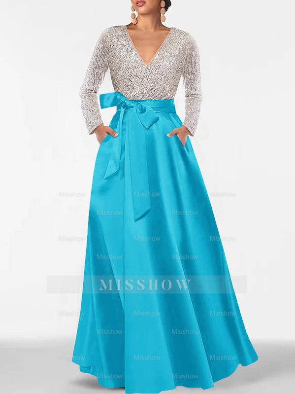 V-Neck A-Line Princess Floor-Length Mother of the Bride Dress with Long Sleeves Pocket and Sequins