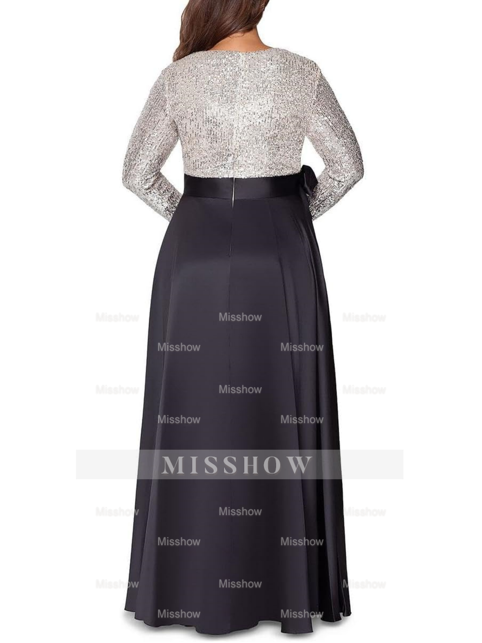 V-Neck A-Line Princess Floor-Length Mother of the Bride Dress with Long Sleeves Pocket and Sequins