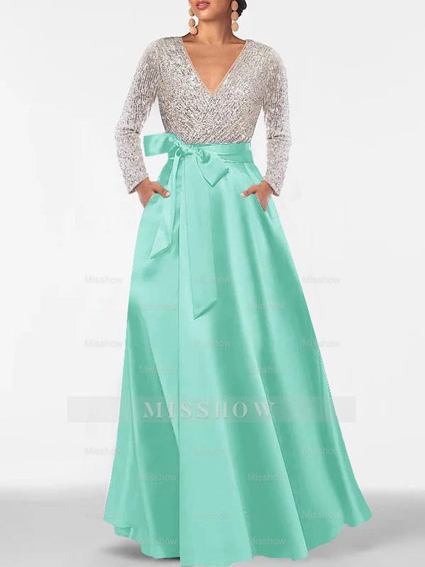 V-Neck A-Line Princess Floor-Length Mother of the Bride Dress with Long Sleeves Pocket and Sequins